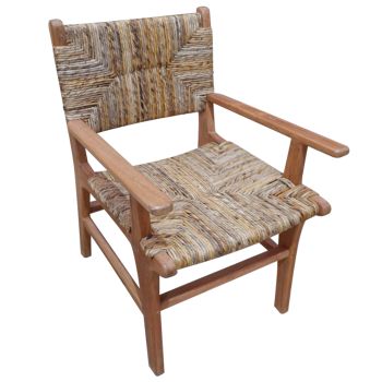 Кресло от тик в цвят орех с бежова рогозка